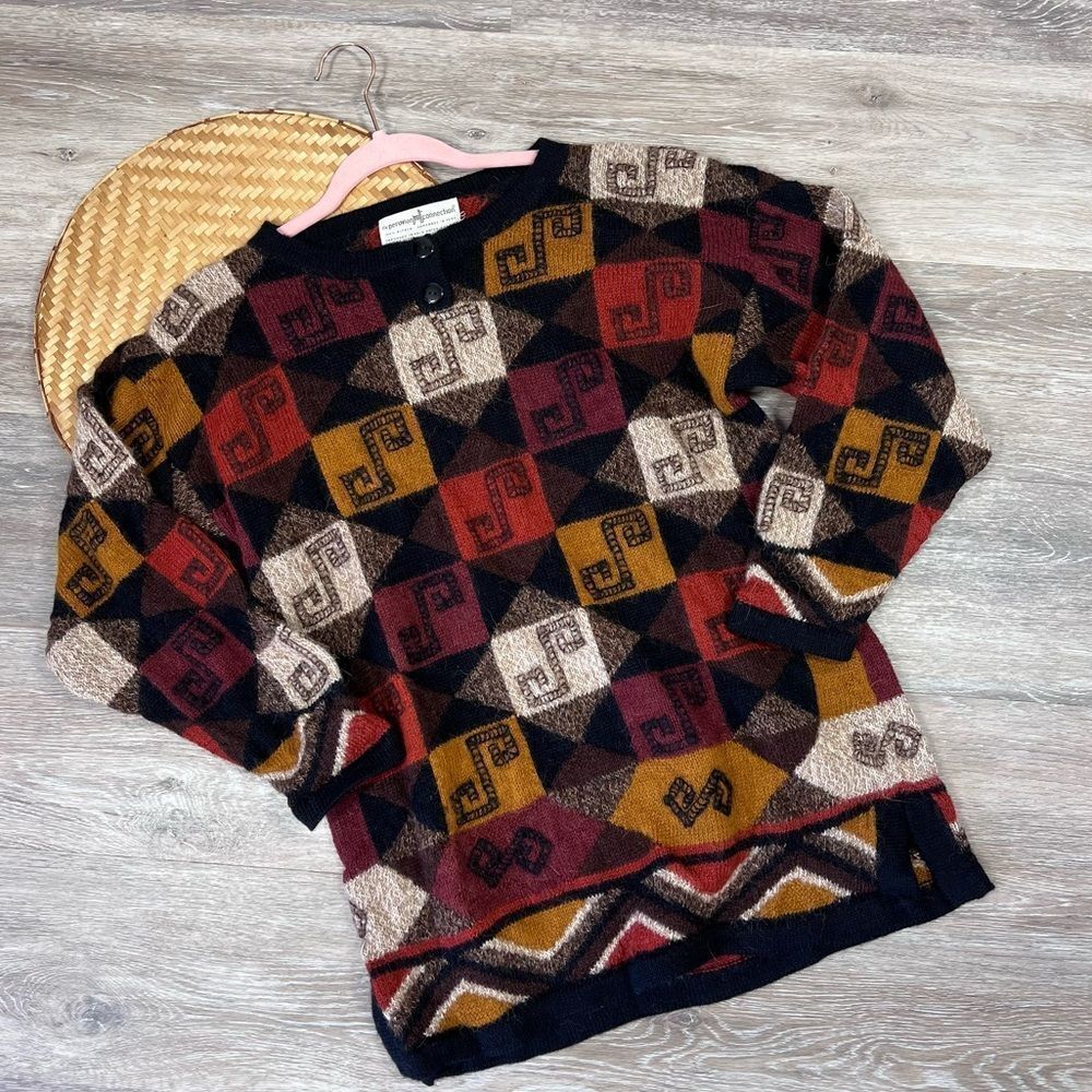 Vintage Peruvian connection 100% alpaca geometric print art to wear sweater‎ S